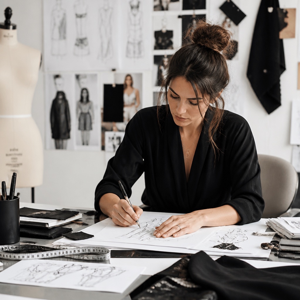 A designer sketching garments at a desk surrounded by pinned references