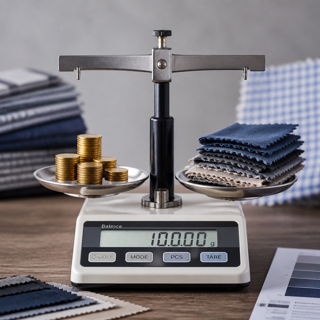 A precision balance scale weighing gold coins against folded fabric swatches