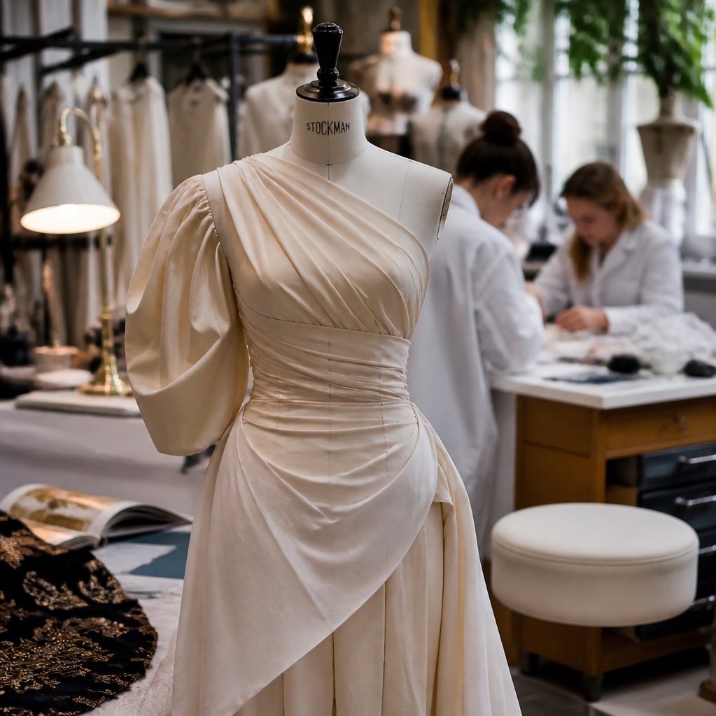 A cream draped gown on a dress form in a busy atelier