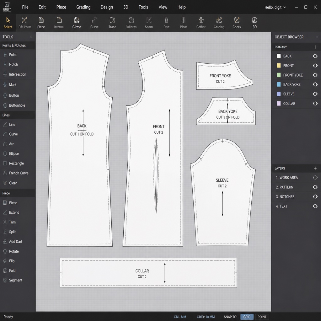 Digital pattern-making software showing labeled garment pieces ready to cut