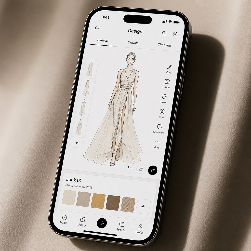 The Fio client portal open on a phone, showing a gown sketch with fabric swatches