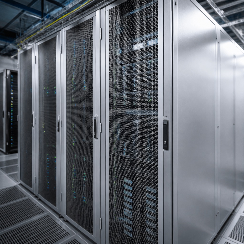 Rows of server racks behind mesh doors in a data center