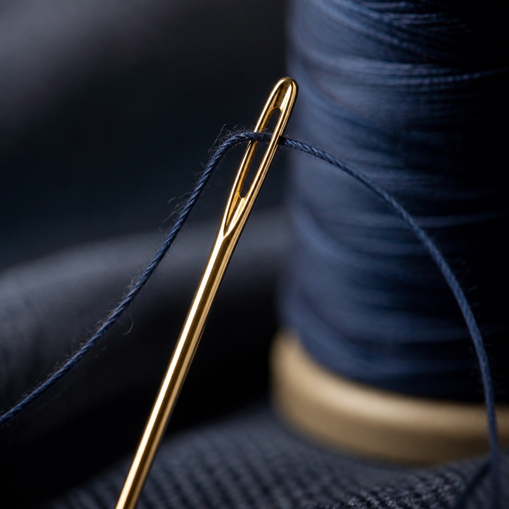 A gold needle threaded with navy silk against a spool of thread — the client's inspiration